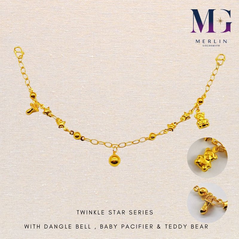 916 Gold Baby Anklet - Twinkle Star Series [ with Dangle Bell ,Teddy Bear & Baby Pacifier]