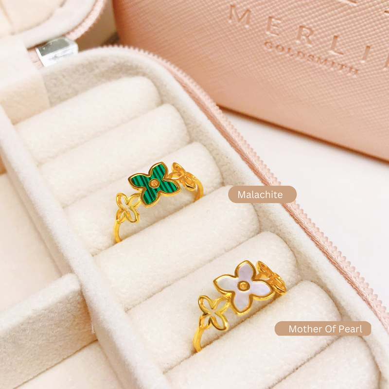 916 Gold Triple Clover Ring Series - Mother of Pearl & Malachite