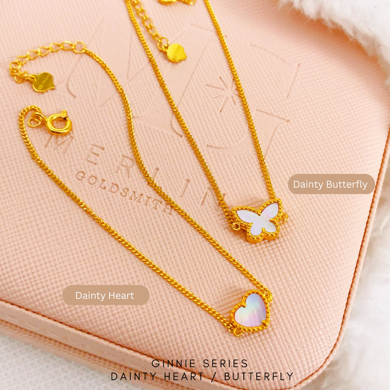 916 Gold Ginnie Series - Dainty Heart & Dainty Butterfly Bracelet (Sakura Pink)