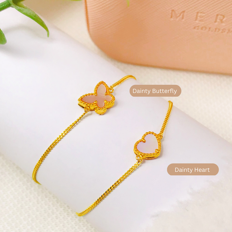 916 Gold Ginnie Series - Dainty Heart & Dainty Butterfly Bracelet (Sakura Pink)