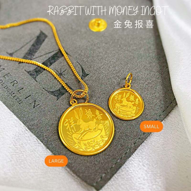 916 Gold Year of Rabbit Pendant - Rabbit with Money Ingot (Large & Small)